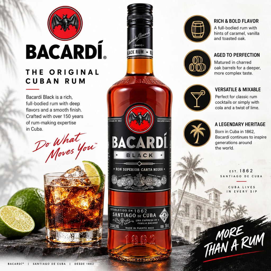 Bacardi Black Dark Rum product highlights infographic.