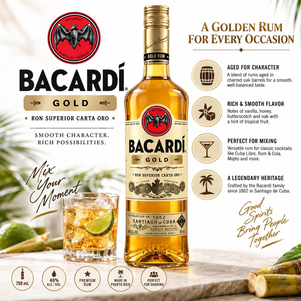 Bacardí Gold Rum product highlights infographic.
