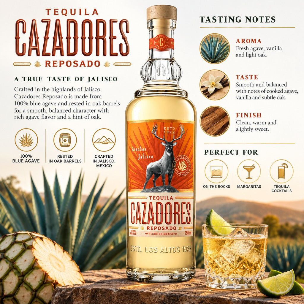 Cazadores Reposado Tequila tasting notes and specifications infographic.