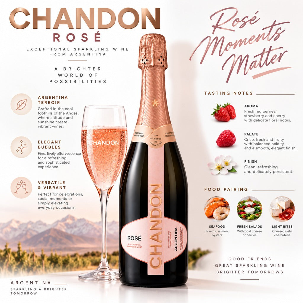 Chandon Rose product highlights and tasting notes infographic.