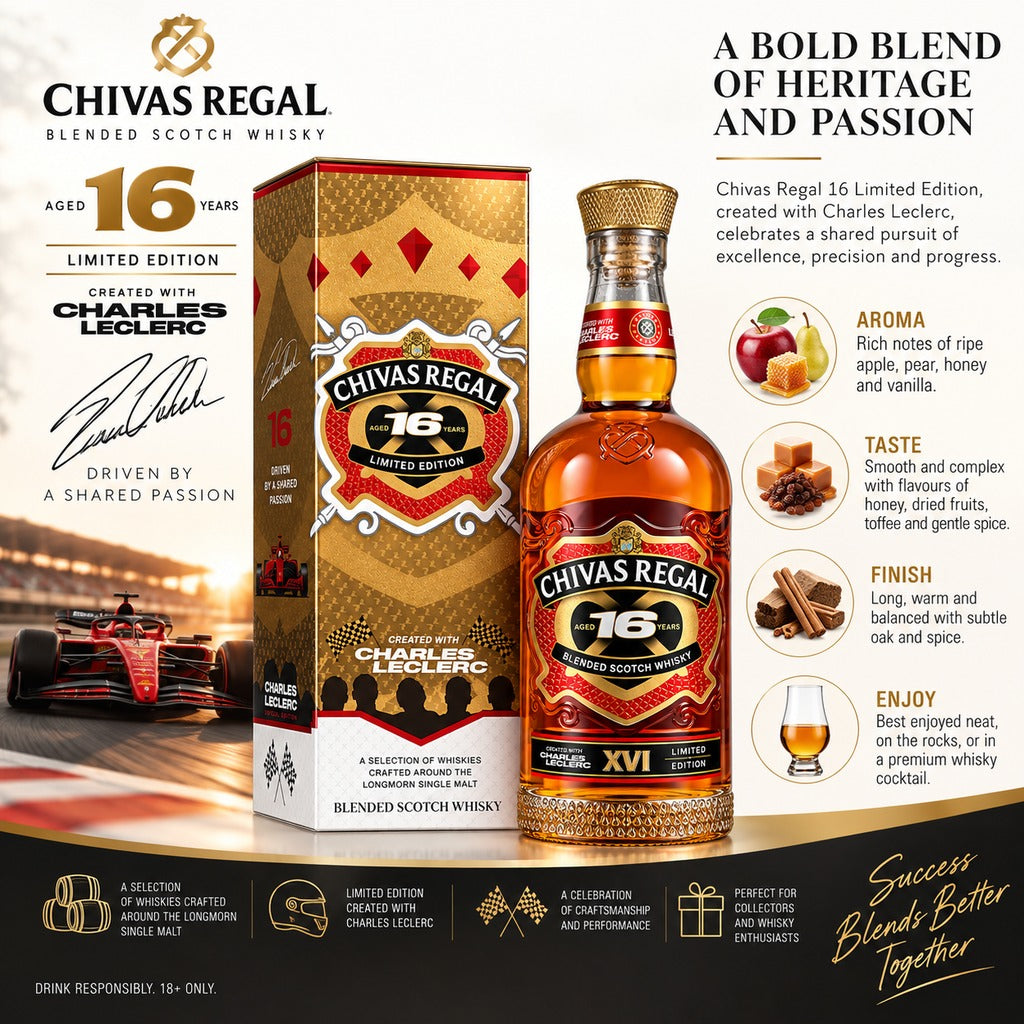 Chivas Regal 16 Year Old Limited Edition official tasting notes and specifications infographic.