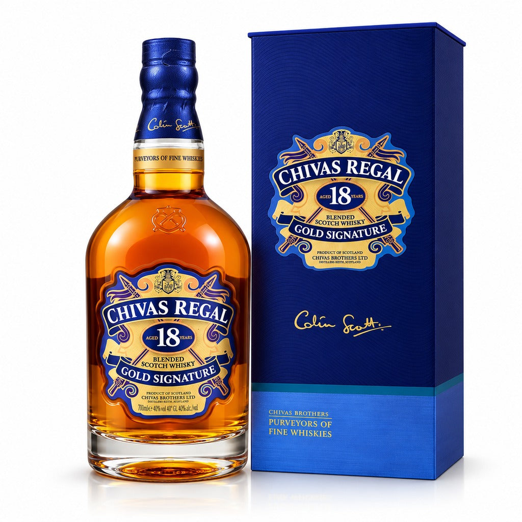 Chivas Regal 18 Year Old Gold Signature Blended Scotch Whisky bottle and navy gift box, 700ml.