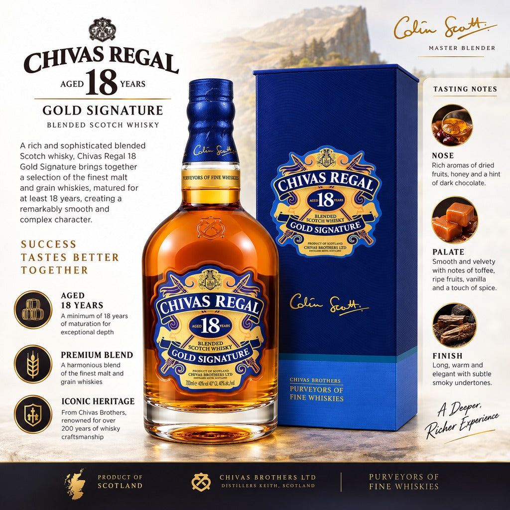 Chivas Regal 18 Year Old Gold Signature official tasting notes and specifications infographic.