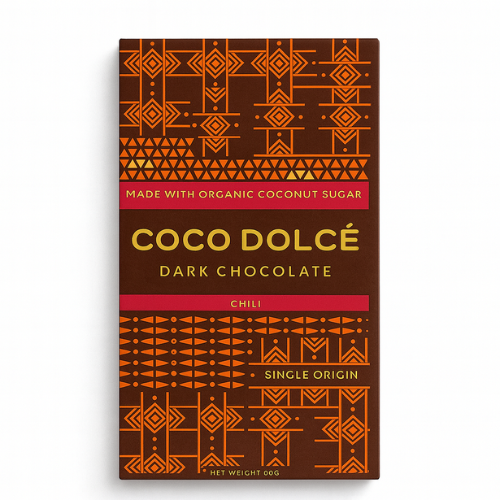 Coco Dolce dark chocolate bar packaging with geometric pattern and text on a white background