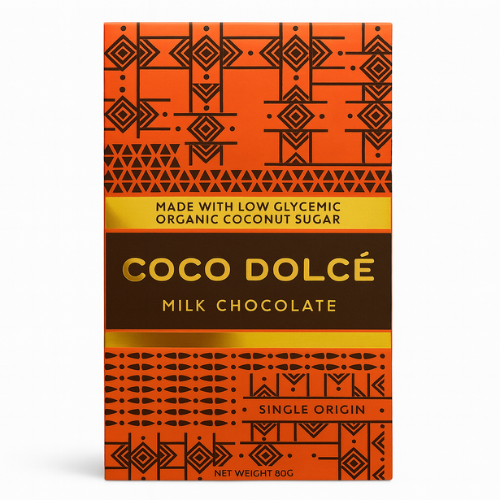 Coco Dolce milk chocolate packaging with orange and black pattern