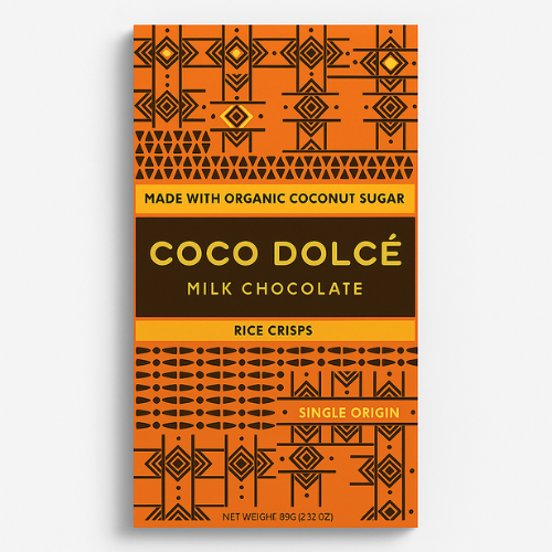 Coco Dolce milk chocolate bar packaging with orange and black design