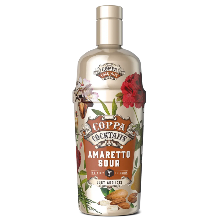 Coppa Cocktails Amaretto Sour bottle with decorative label on a white background
