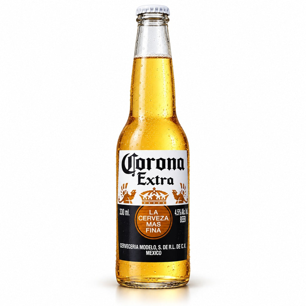 Single bottle of Corona Extra Lager Beer 330ml on a white background