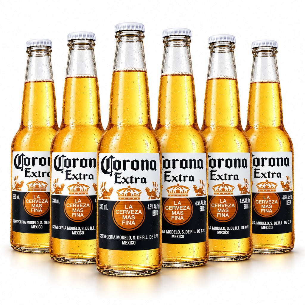 Corona Extra Lager Beer 6-pack of 330ml bottles on a white background