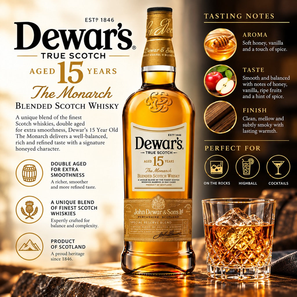 Dewar's 15 Year Old The Monarch tasting notes and specifications infographic.