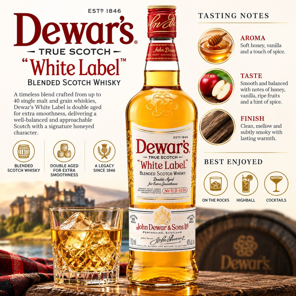 Dewar's White Label Blended Scotch Whisky tasting notes and specifications infographic.