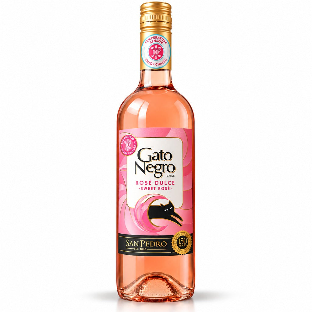 Bottle of Gato Negro Rose Dulce Sweet Rose wine on a white background