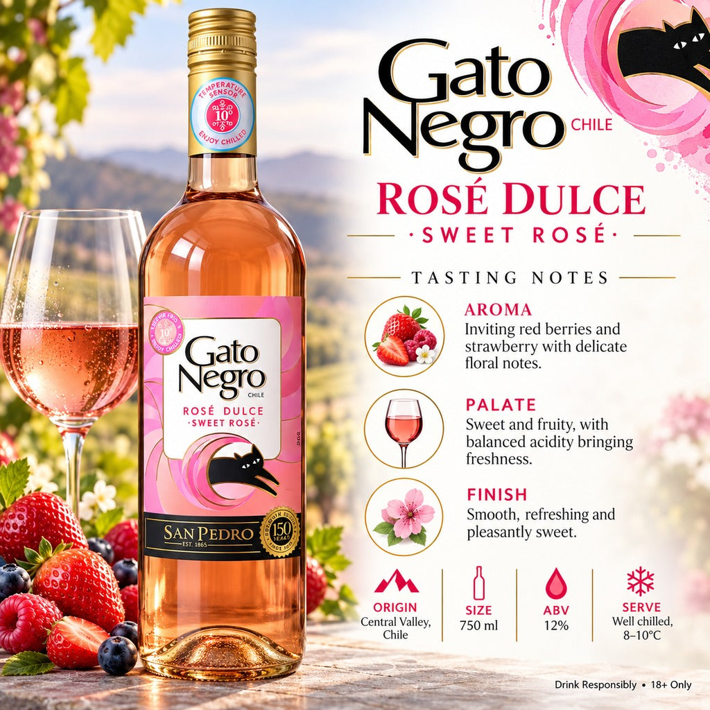 Gato Negro Rose Dulce Sweet Rose 750ml infographic with tasting notes, origin and ABV