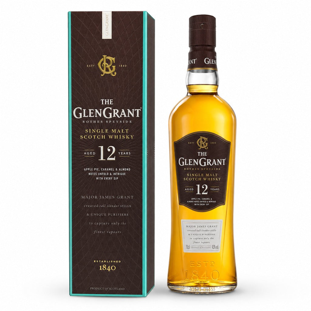The Glen Grant 12 Year Old Single Malt Scotch Whisky bottle and dark gift box, 700ml.