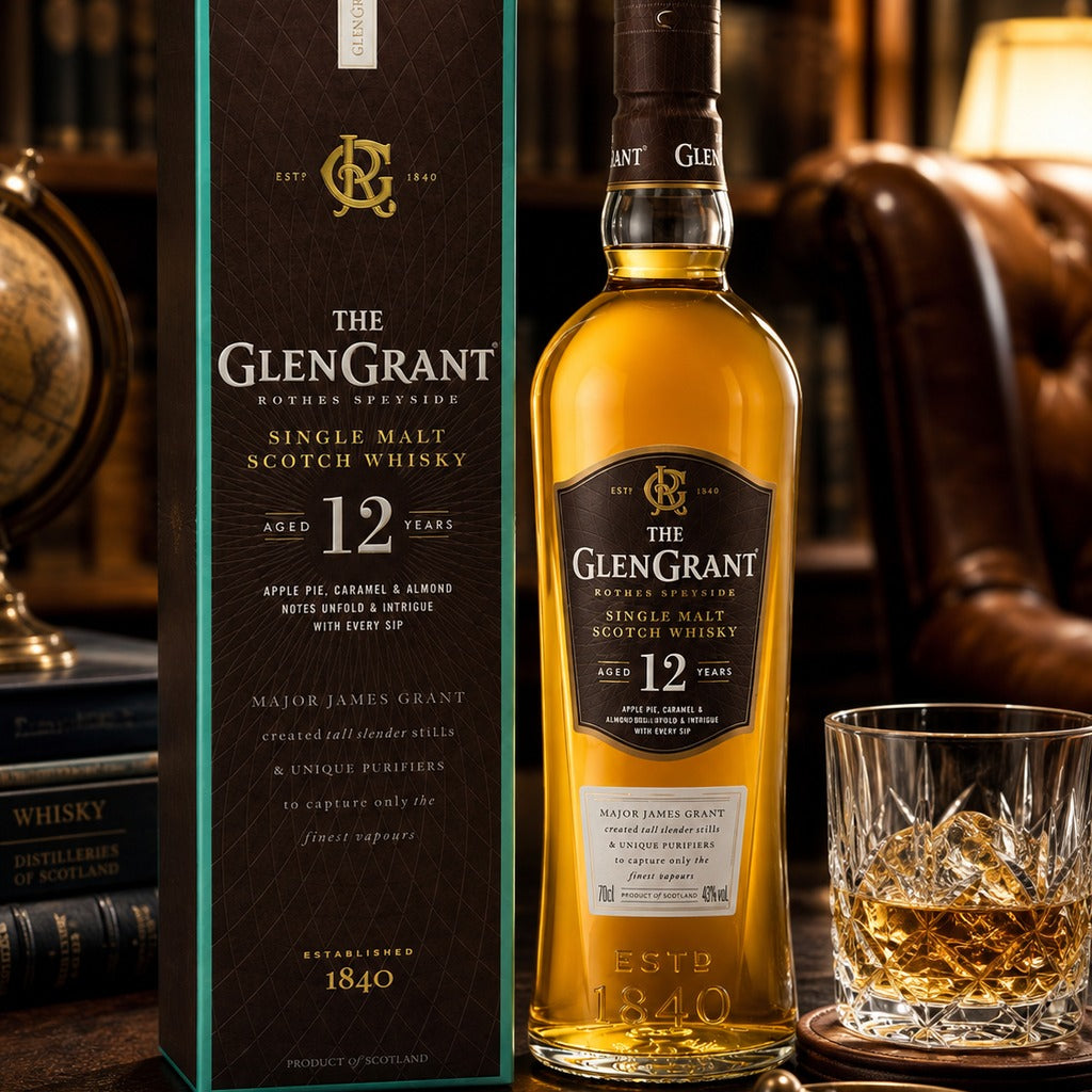 The Glen Grant 12 Year Old Single Malt Scotch Whisky bottle and box styled in a study setting, 700ml.