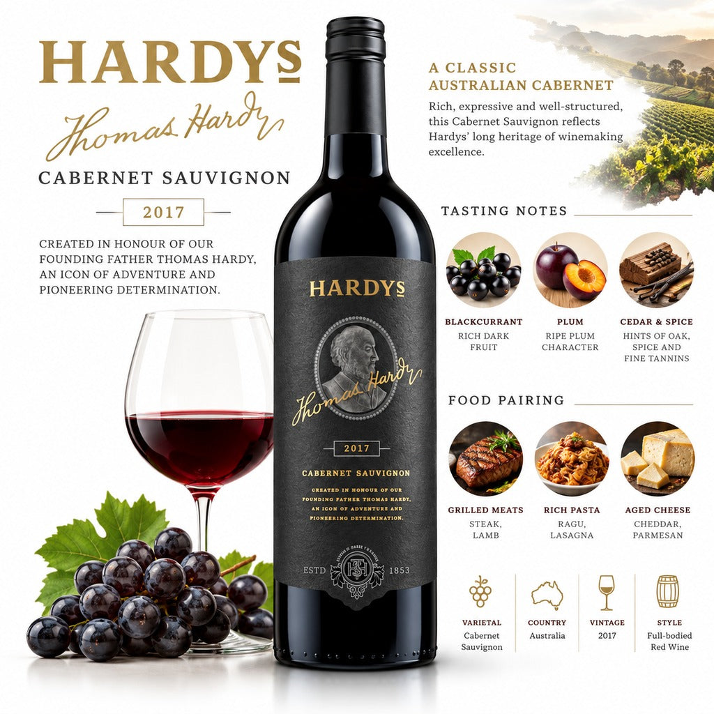 Hardys Thomas Hardy Cabernet Sauvignon 2017 tasting notes and food pairing infographic.