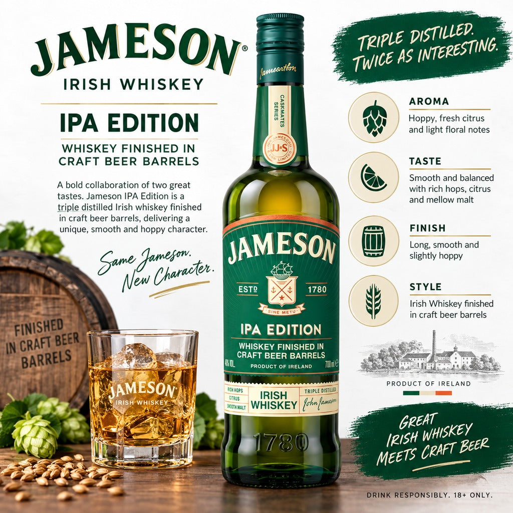 Jameson Caskmates IPA Edition tasting notes and specifications infographic.