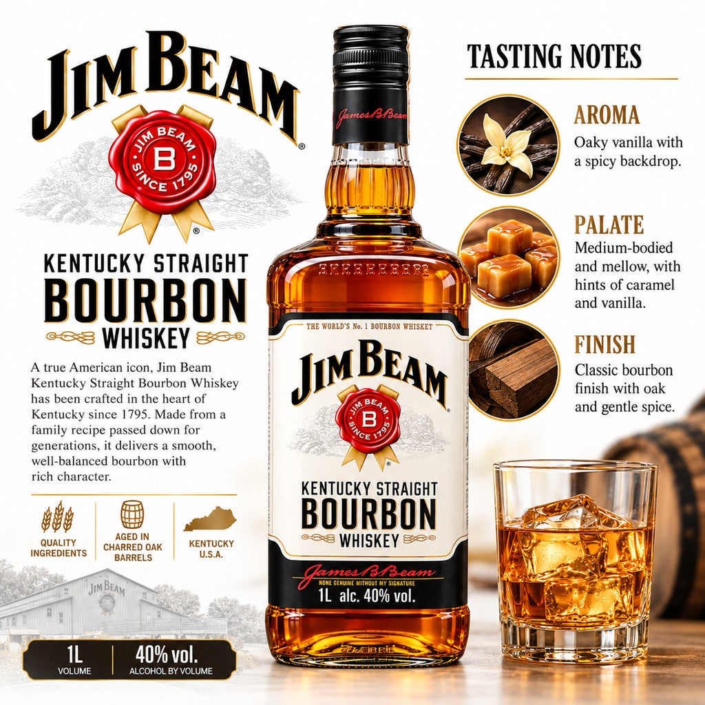 Jim Beam Kentucky Straight Bourbon Whiskey 1L infographic with tasting notes