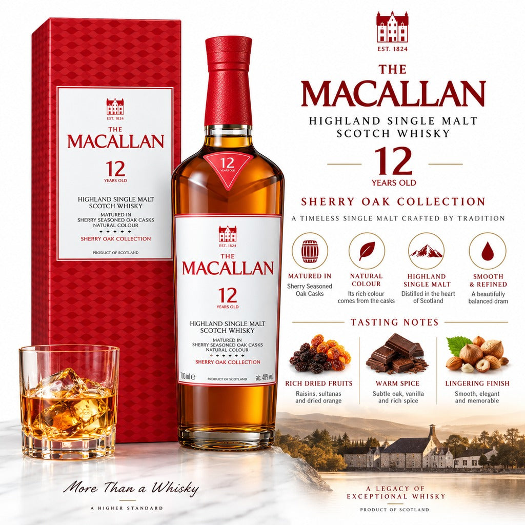 The Macallan 12 Year Old Sherry Oak official tasting notes and specifications infographic.