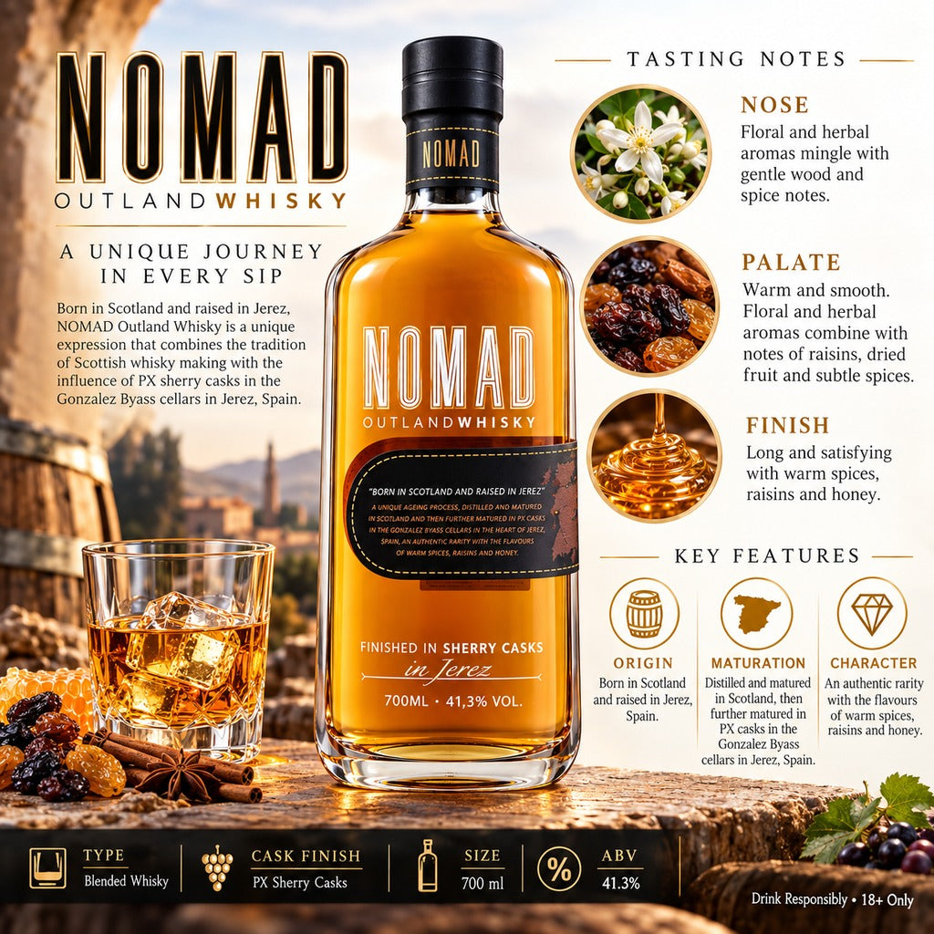 Nomad Outland Sherry Cask Whisky 700ml infographic with tasting notes, maturation and ABV