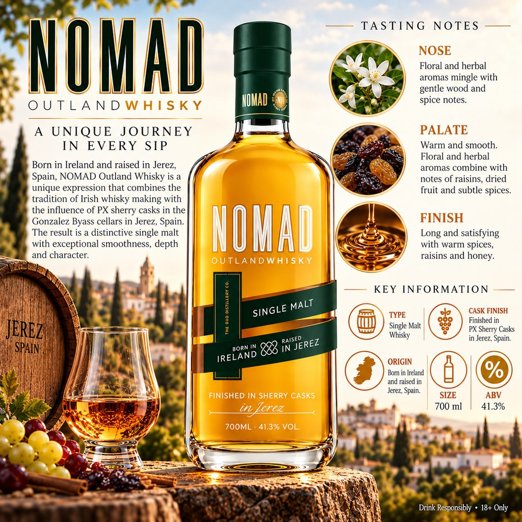 Nomad Outland Single Malt Whisky 700ml infographic with tasting notes, origin and ABV