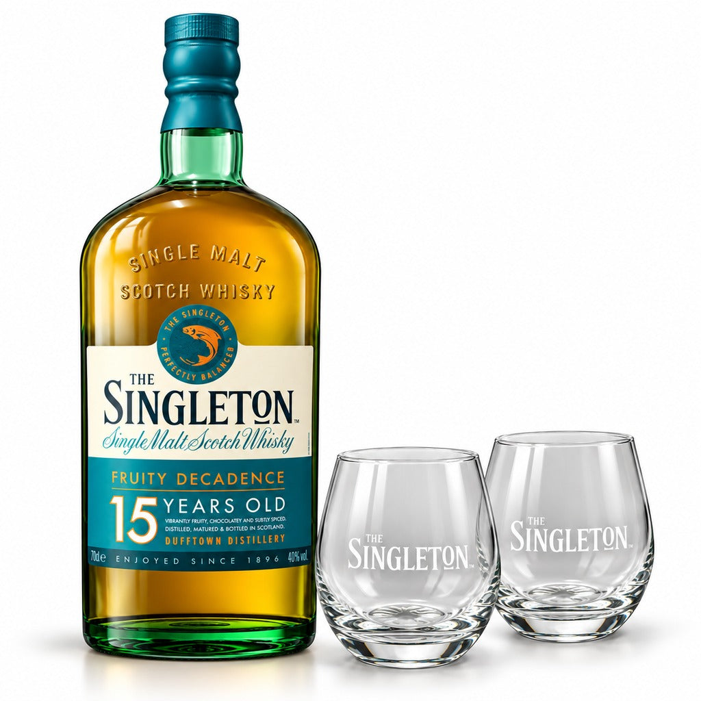 The Singleton of Dufftown 15 Year Old bottle with two branded glasses, 700ml.