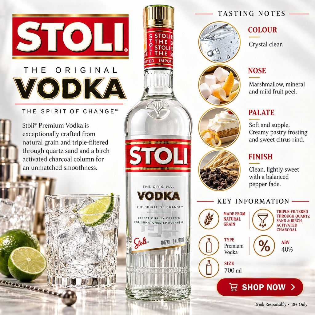 Stoli Premium Vodka 700ml infographic with tasting notes, filtration and ABV