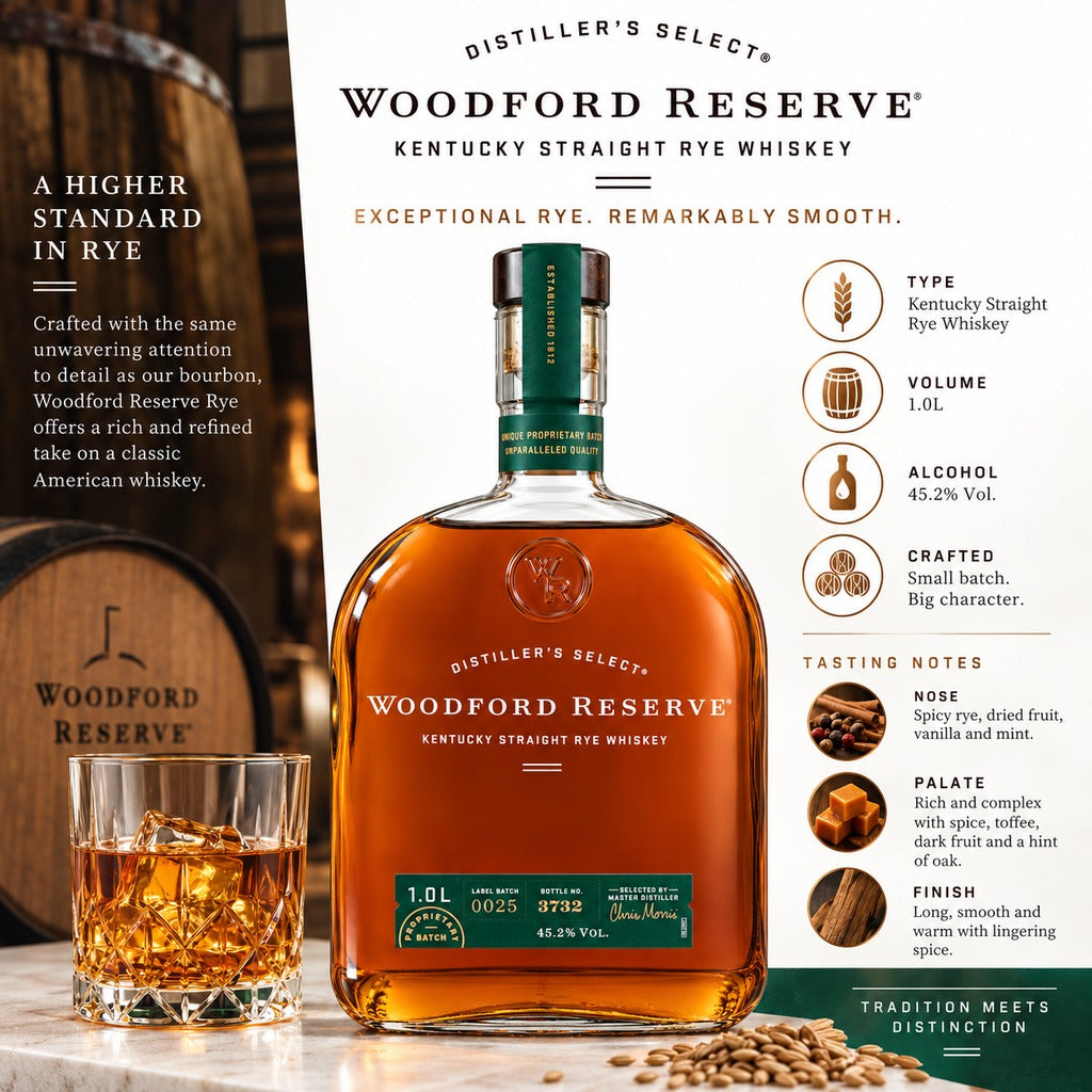 Woodford Reserve Kentucky Straight Rye Whiskey tasting notes and specifications infographic.