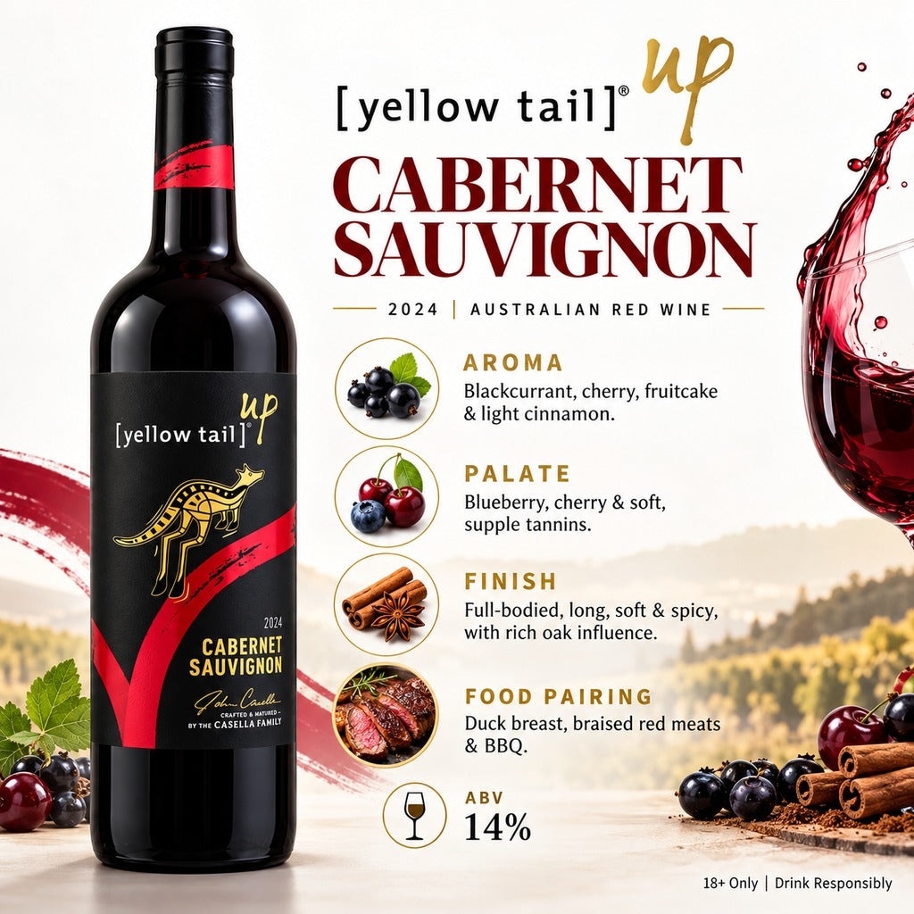 Yellow Tail Up Cabernet Sauvignon 2024 infographic with tasting notes, food pairing and ABV