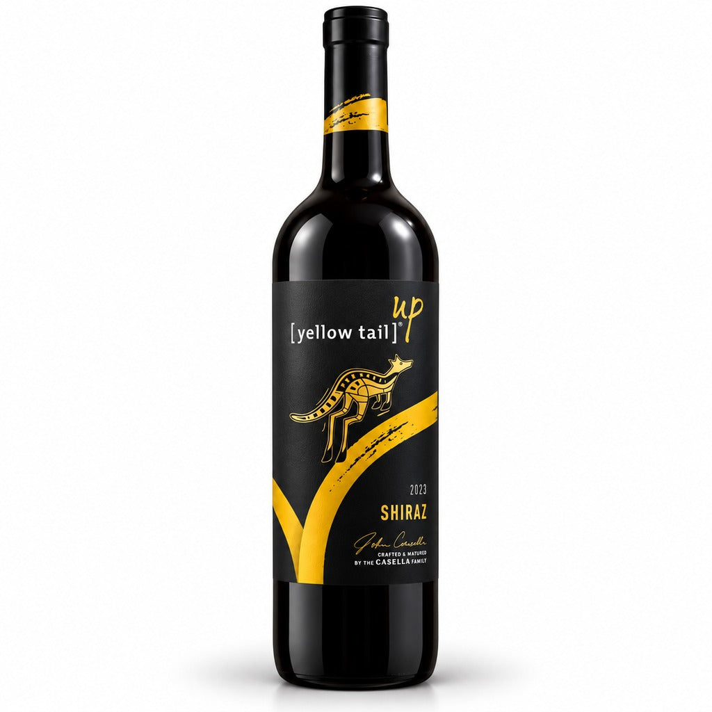 Bottle of Yellow Tail Up Shiraz 2023 750ml on a white background