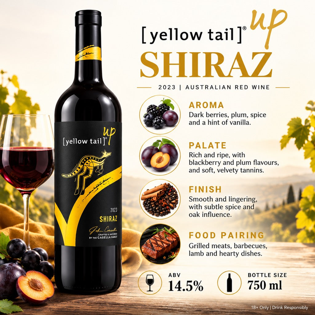 Yellow Tail Up Shiraz 2023 infographic with tasting notes, food pairing, ABV and bottle size
