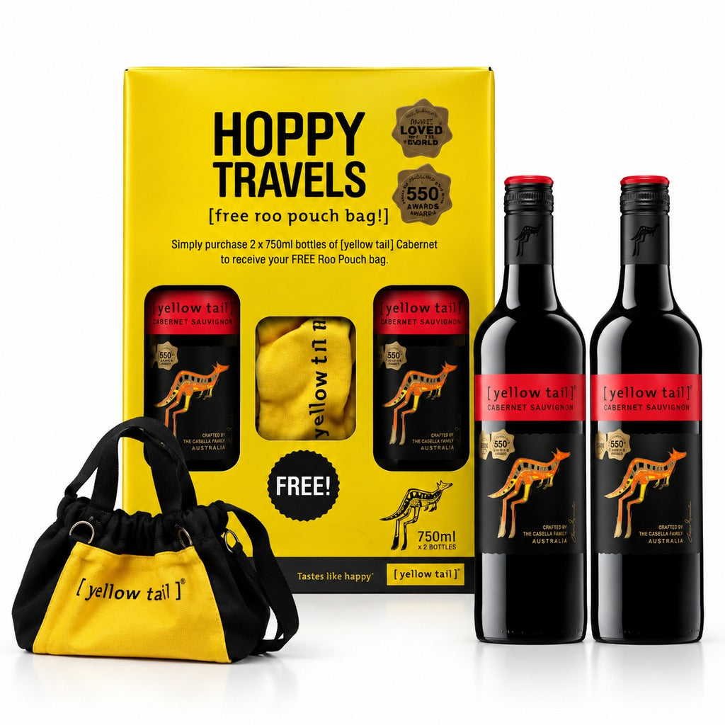 Yellow Tail Cabernet Sauvignon 2-Bottle Bundle with free Roo Pouch Bag, Hoppy Travels promotion.