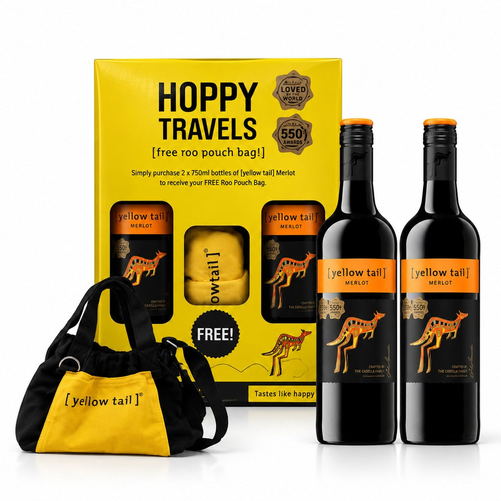 Yellow Tail Merlot 2-Bottle Bundle with free Roo Pouch Bag, Hoppy Travels promotion.
