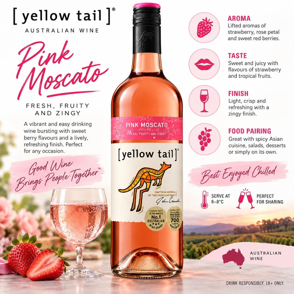 Yellow Tail Pink Moscato tasting notes and food pairing infographic.