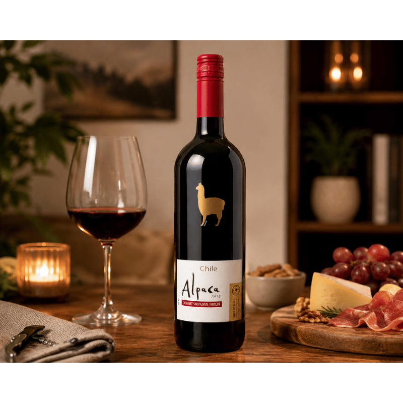 Alpaca Cabernet Sauvignon Merlot bottle with a glass and charcuterie board on a wooden table.
