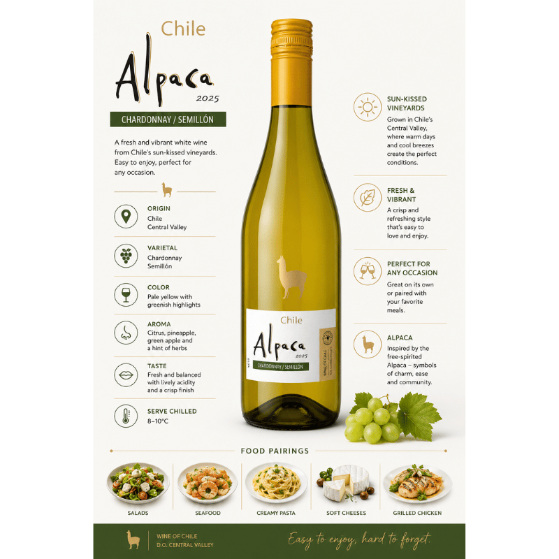 Chile Alpaca white wine bottle with product details on a white background