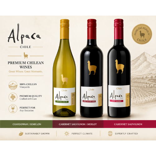 Three bottles of Alpaca Chilean wines on a promotional graphic with branding and product details.