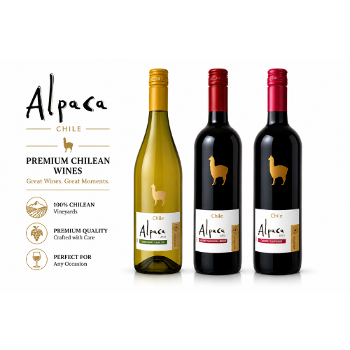 Three bottles of Alpaca Chilean wines on a white background with brand name and description.