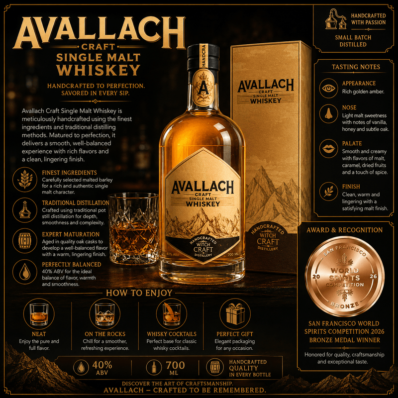 Avallach Craft Single Malt Whiskey bottle with a gold label, shown alongside its branded box and a glass of amber whiskey on a dark textured background. The image includes extensive product information, tasting notes, and award badges.