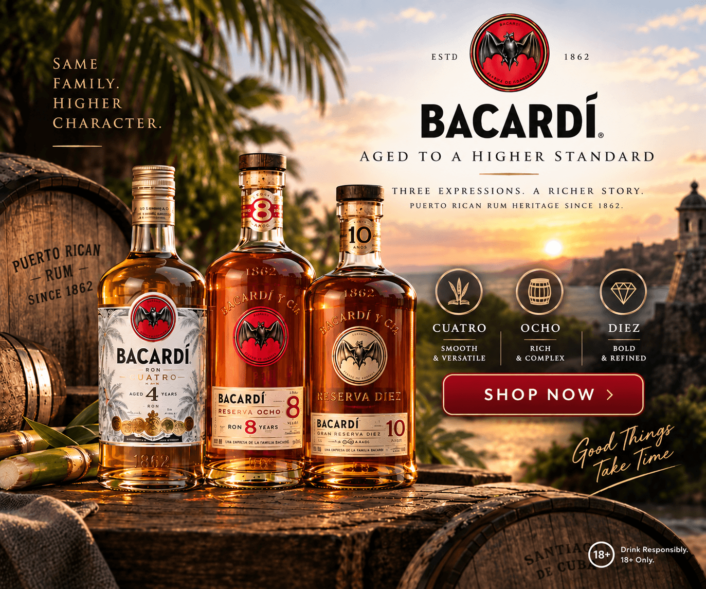 Three bottles of Bacardi higher standard rum banner