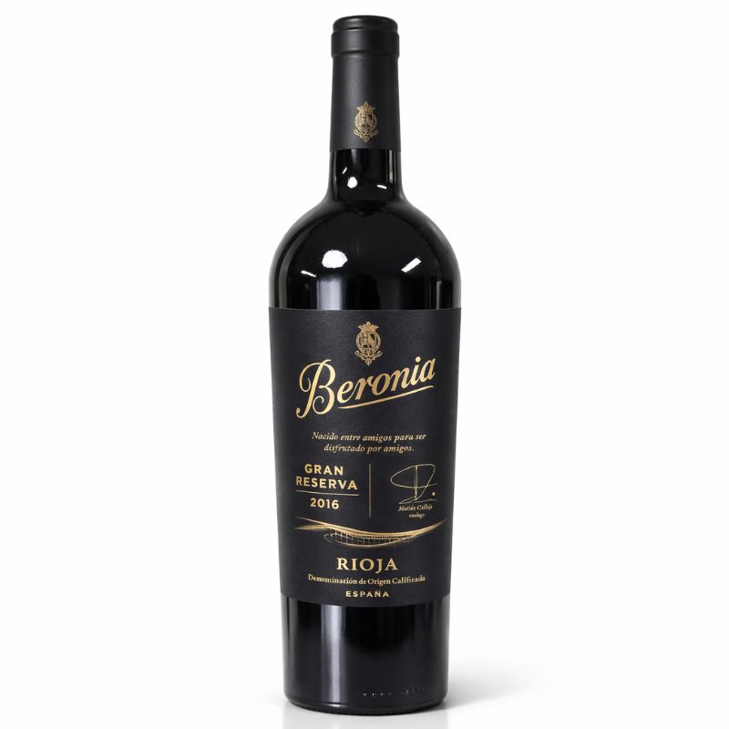 Beronia Gran Reserva 2016 Rioja red wine bottle with black and gold label on white background