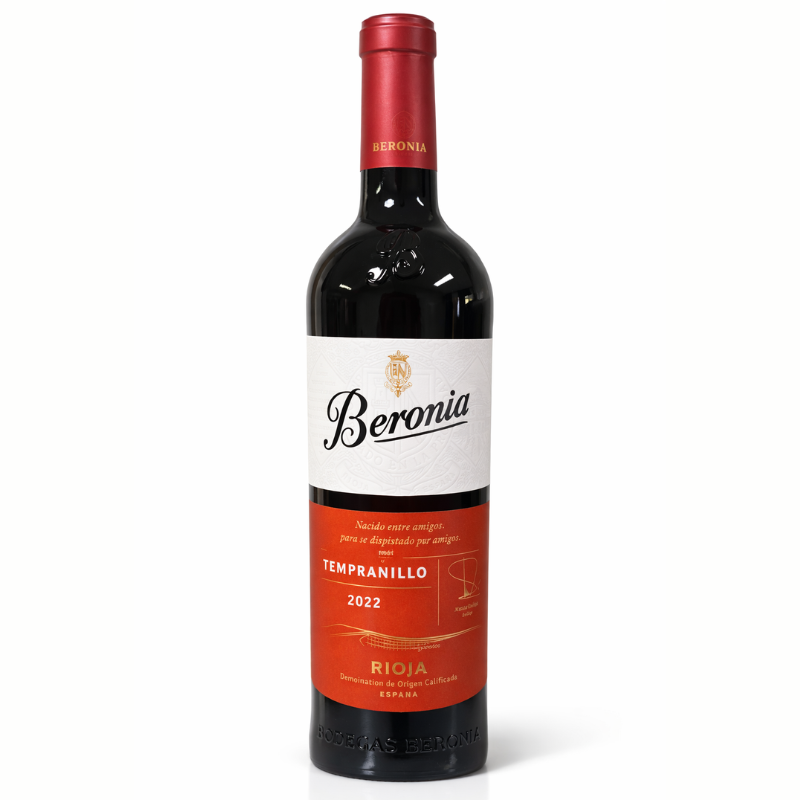 Beronia Tempranillo 2022 Rioja red wine bottle with red label on white background
