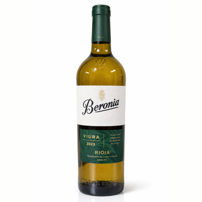 Beronia Viura 2023 Rioja white wine bottle with green label on white background