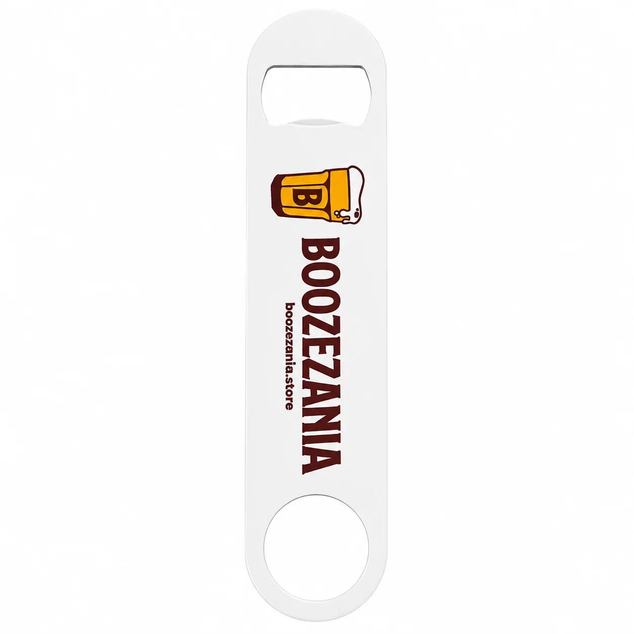 BoozeZania branded stainless steel bar blade bottle opener with boozezania.store logo
