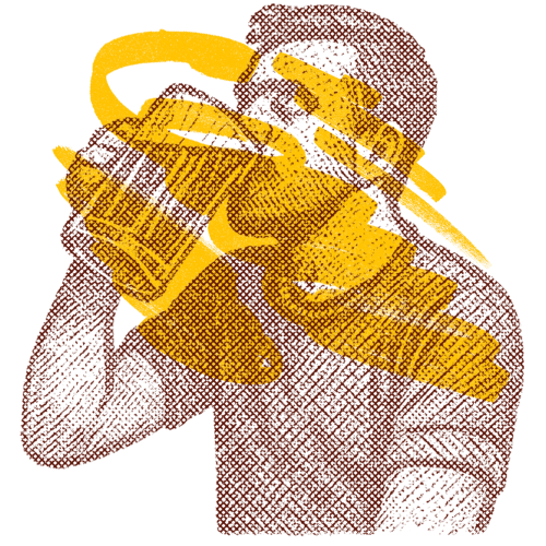 Illustration of a person wearing a shirt and drinking beer in a mug