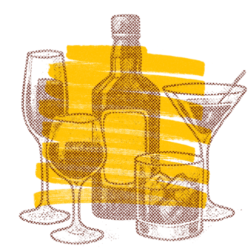 Illustration of a bottle and two glasses with a yellow and brown color scheme on a black background