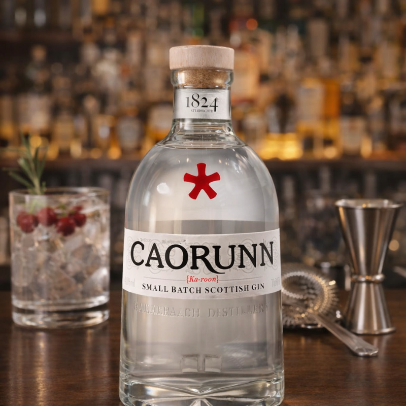 Caorunn gin bottle on a bar with cocktail-making tools and a blurred bar background