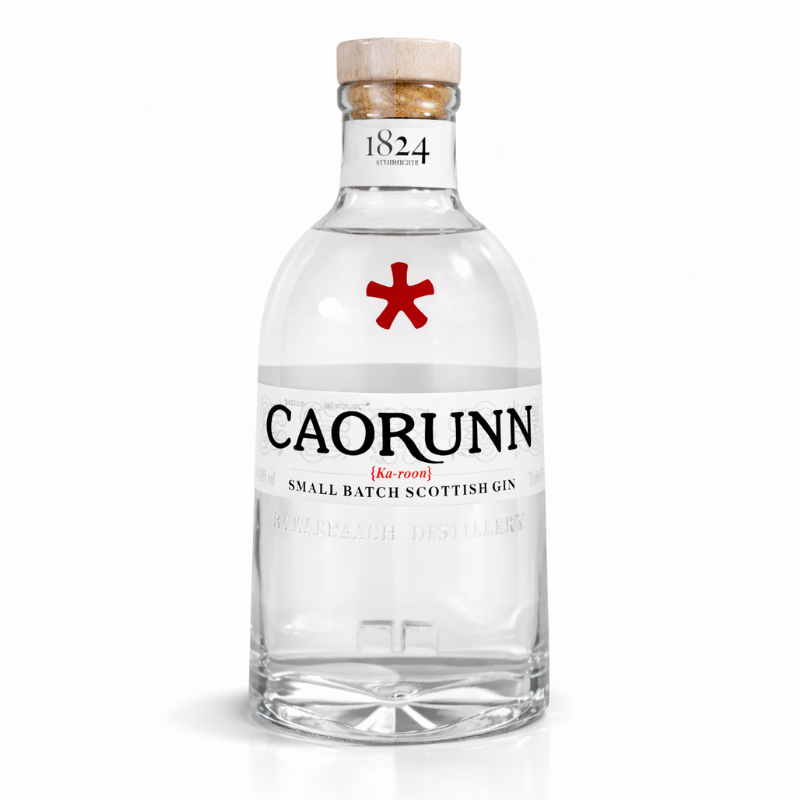 Caorunn Small Batch Scottish Gin 700ml bottle – Copper Berry Chamber distilled Highland gin with Scottish botanicals on bar setting.