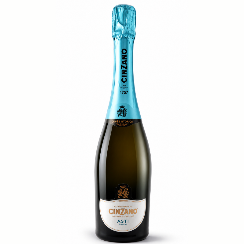 Cinzano Asti sparkling wine bottle with blue foil on a white background