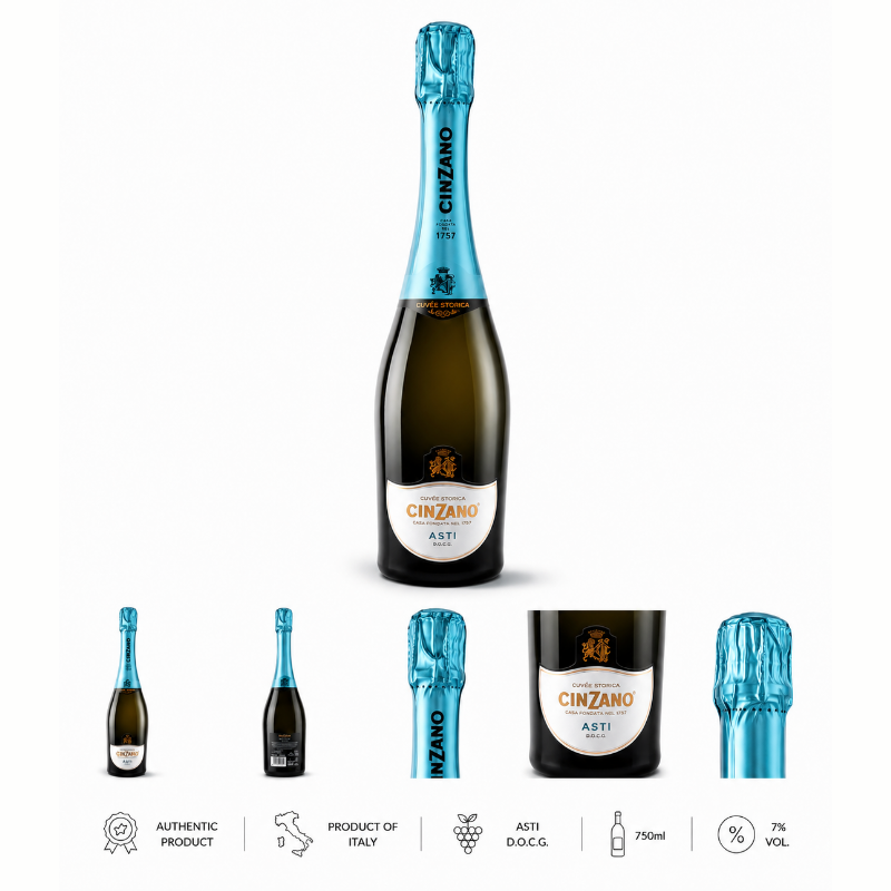 Cinzano Asti sparkling wine bottle with blue foil on a white background
